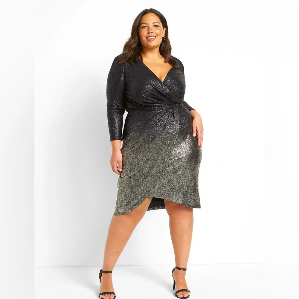 Lane Bryant Black and Silver Wrap Dress